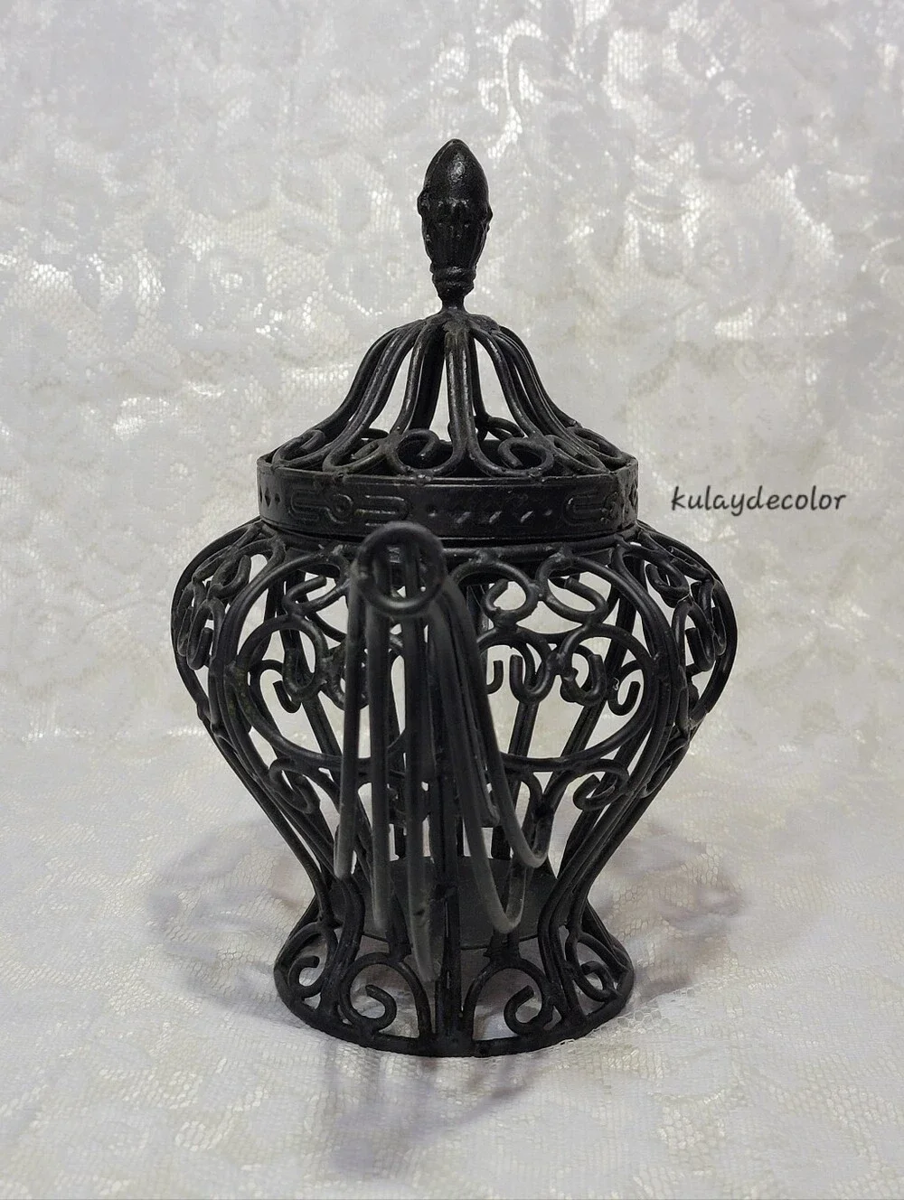 Filigree Style Wrought Iron Teapot Lantern Candle Holder Black Scroll Home Decor